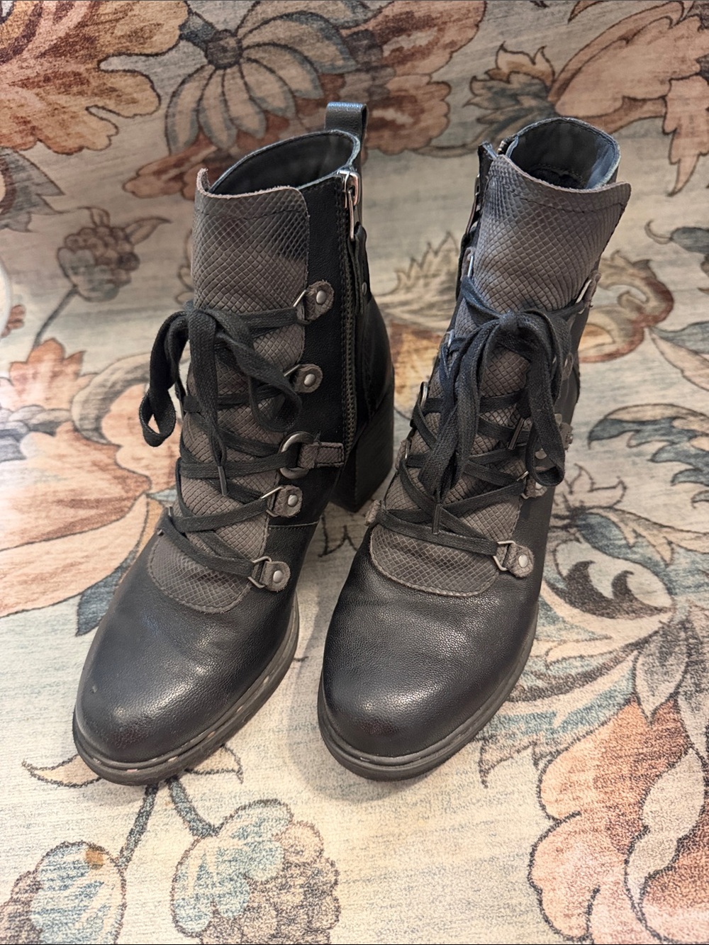 OTBT Black Lace-Up Combat Ankle Boots with Textured Panels
